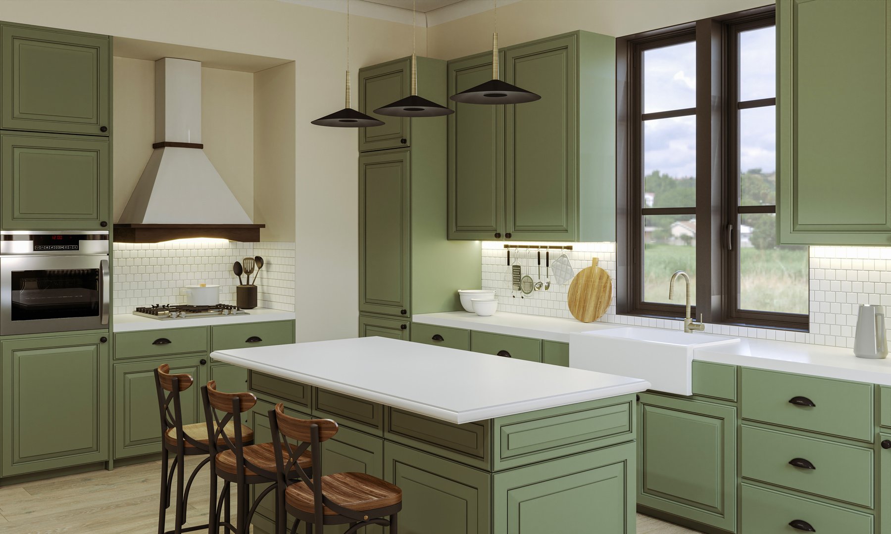 Large green kitchen with island.